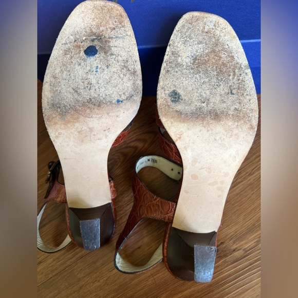 Bally Women’s 8.5N Brown Croc Embossed Leather Strappy Slingback Heels Vintage - Picture 4 of 7